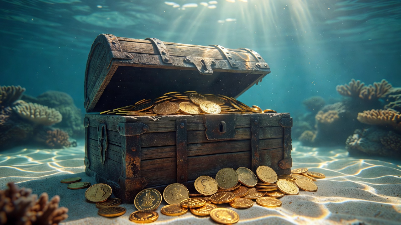 Authentic golden coins in heavy rustic wood chest under ocean shine
