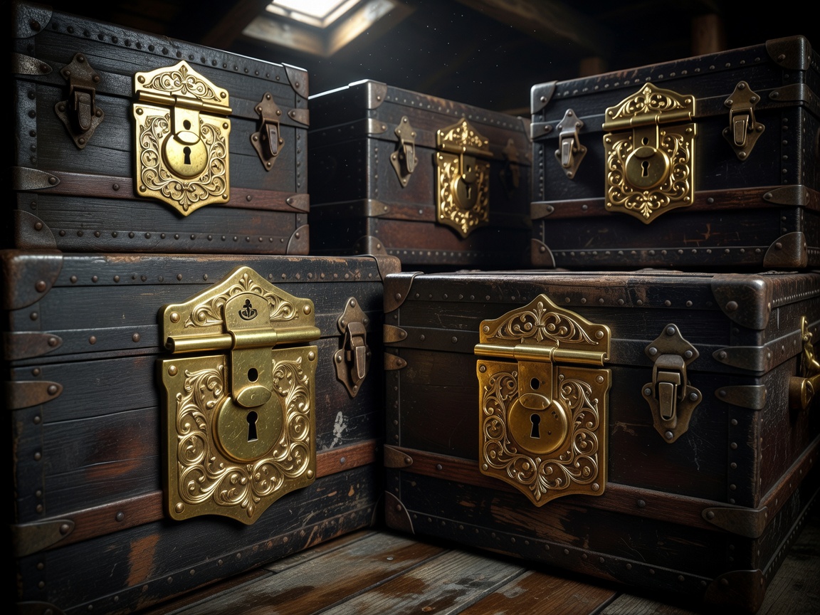 Beautiful detailed gold vintage locks on dark maritime trunks