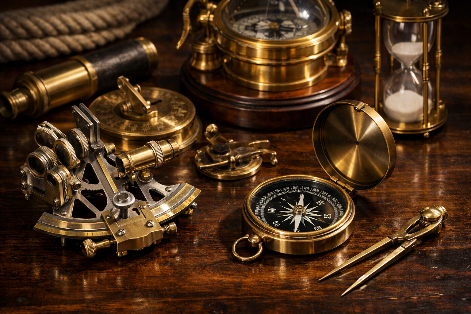 Beautiful metallic navigational instruments on dark wood table