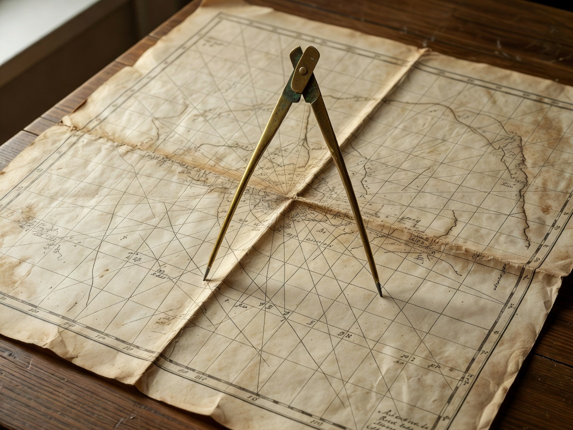 Dividers instrument resting open on ancient paper map coordinate grids