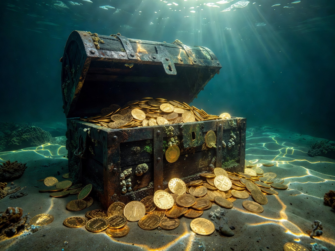 Glimmering gold doubloons inside a heavy sunken chest container
