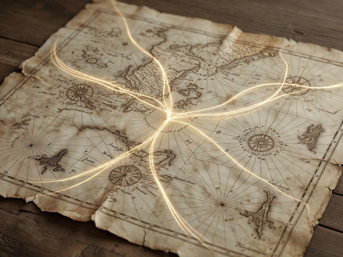 Golden glowing lines overlaid on a detailed old navigator parchment map