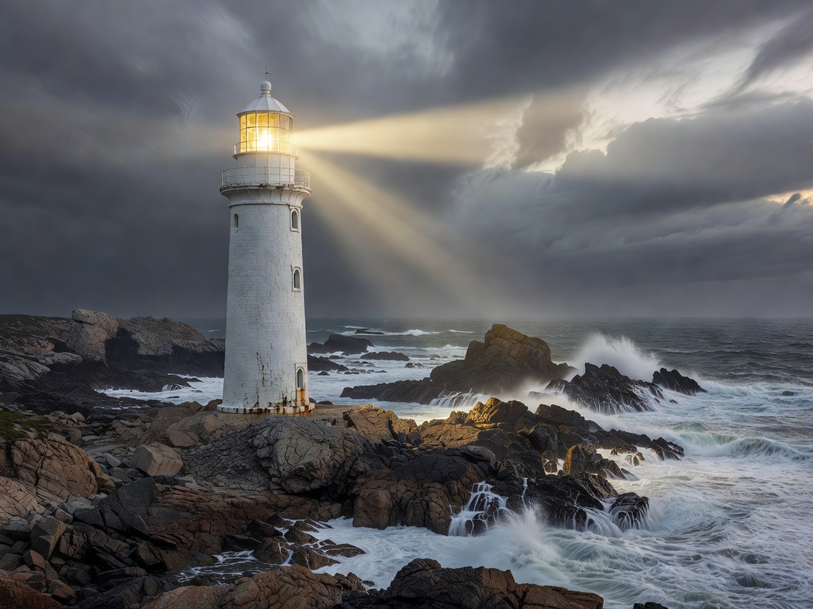 Historic white lighthouse tower guiding ships safely along the rocky coastline